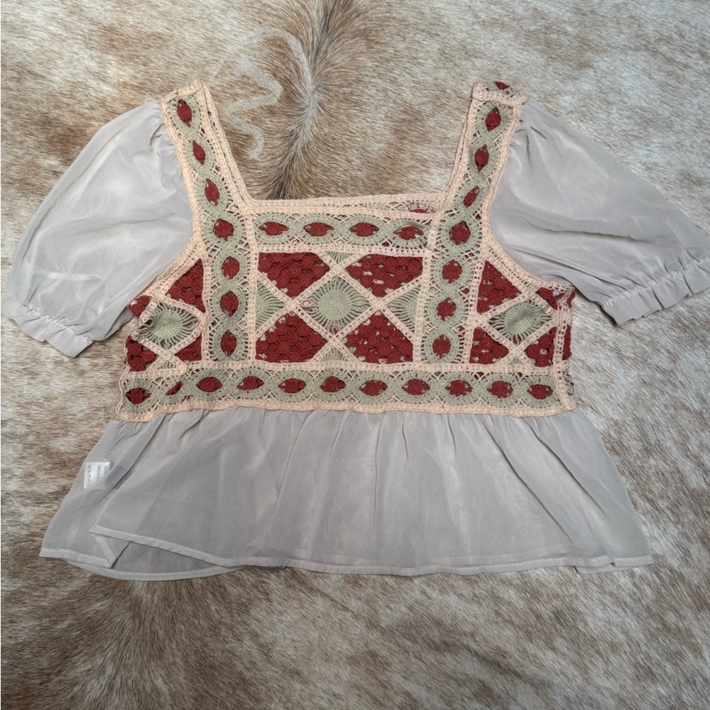 SHEIN Red & Cream Crochet Peplum Blouse